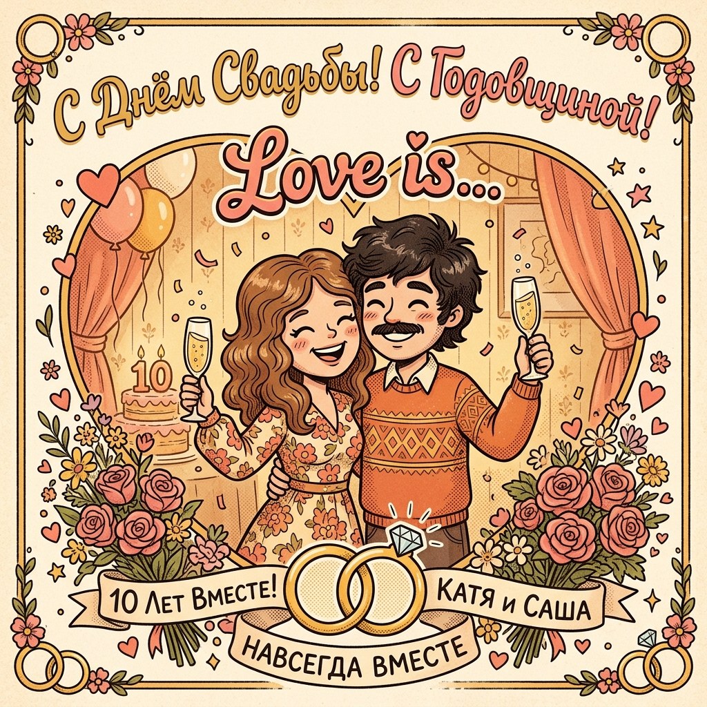 Открытка love is на годовщину свадьбы нейросетью с именами пары