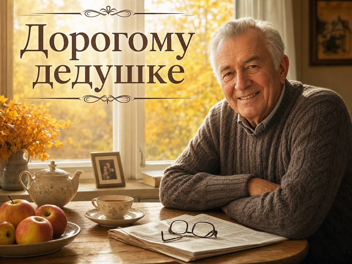 Открытка ко Дню пожилого человека: Дедушка за чаем