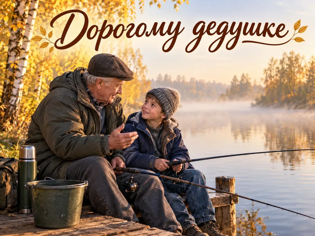 Открытка «Дорогому дедушке»: дедушка учит внука рыбачить на осенней реке