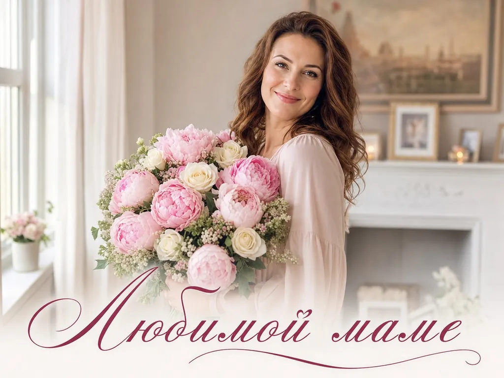 Открытка «Любимой маме»: мама с букетом пионов у окна