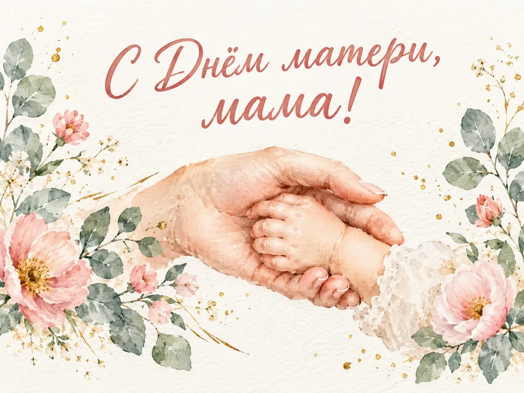 Акварельная открытка: рука мамы держит ладошку ребёнка, надпись «С Днём матери, мама!»