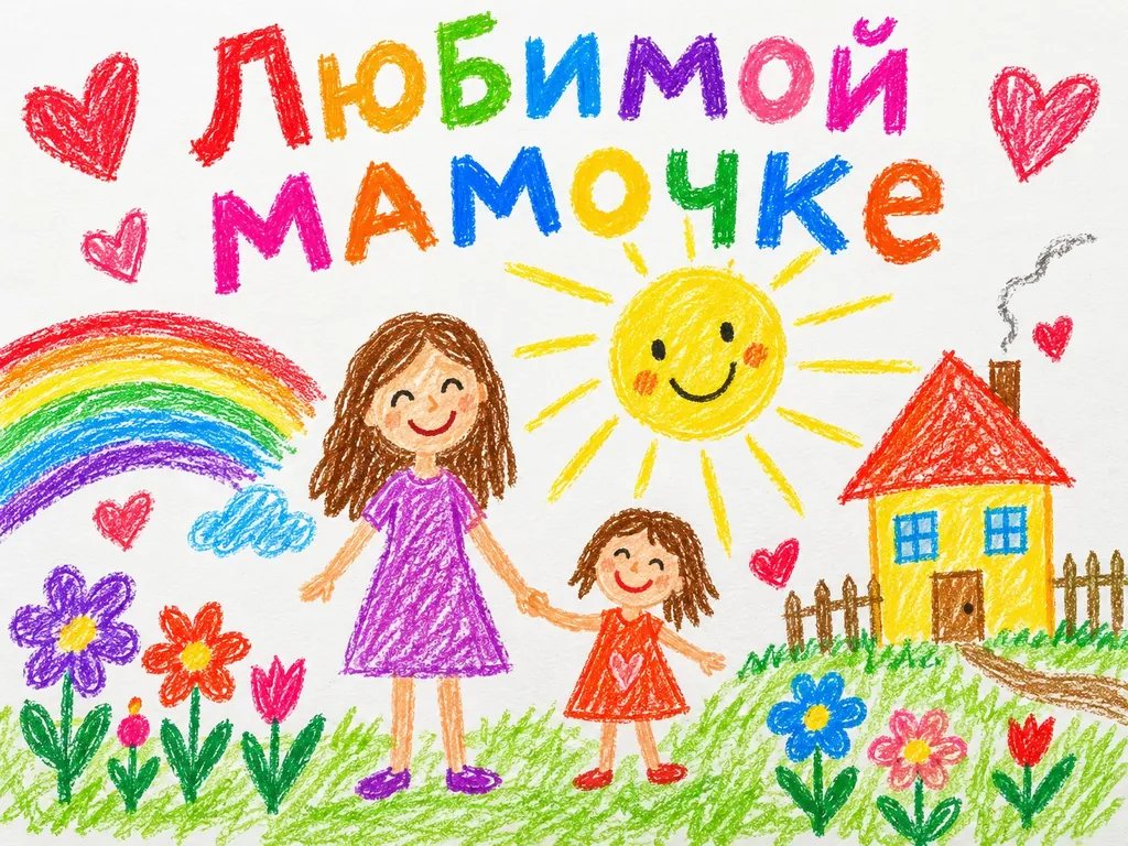 Открытка в стиле детского рисунка: мама и дочка, солнце, радуга и надпись «Любимой мамочке»