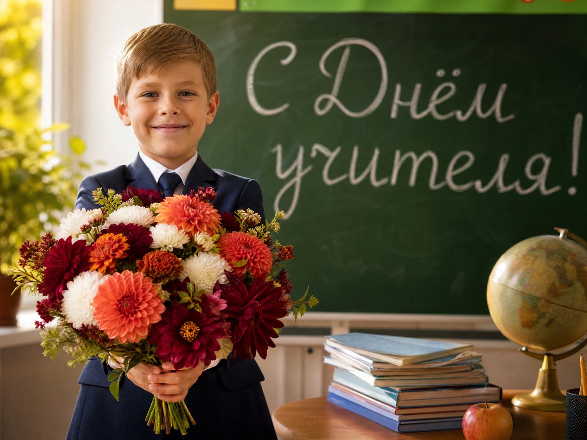 Открытка на день учителя: букет у доски с надписью С Днём учителя