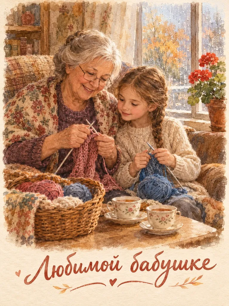 Акварельная открытка «Любимой бабушке»: бабушка учит внучку вязать у окна с геранью