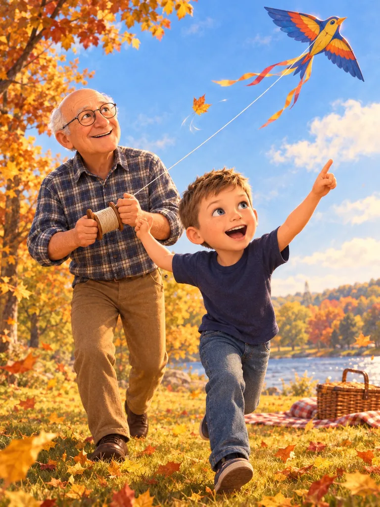 3D-мультфильм: дедушка и внук запускают змея