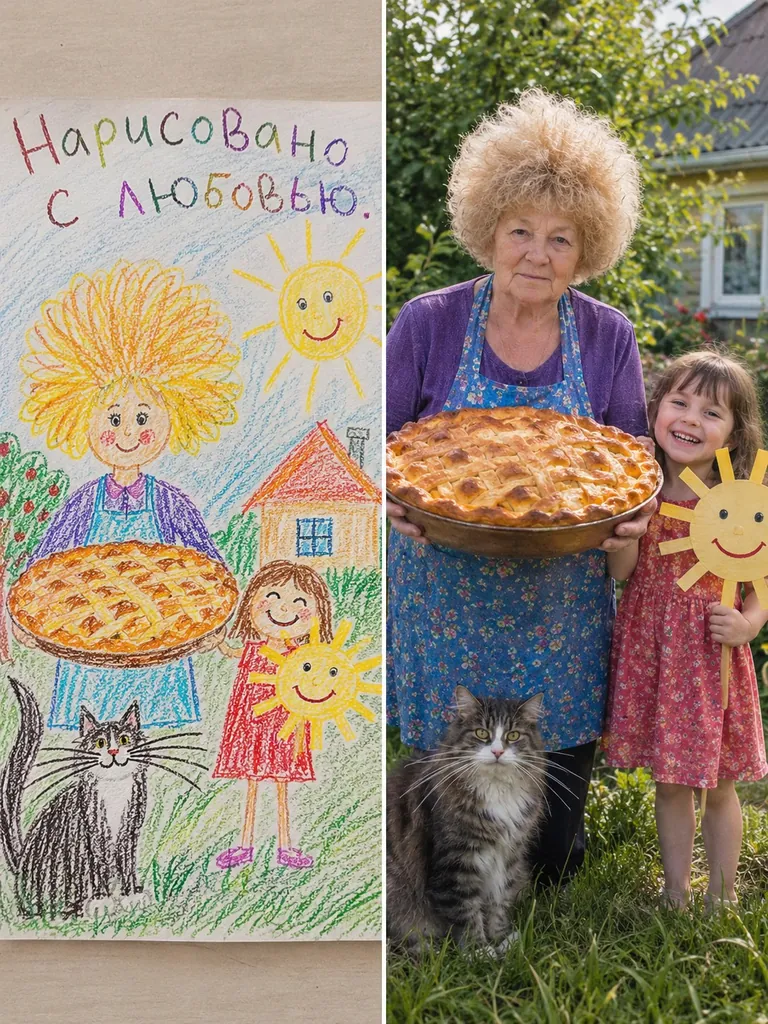 Открытка бабушке: детский рисунок внучки и рядом тот же кадр в жизни, бабушка с пирогом и внучка