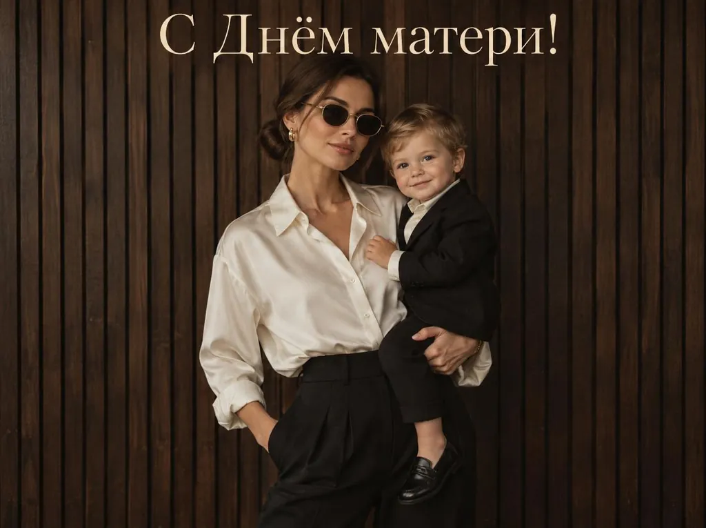 Открытка «С Днём матери!»: мама в белой рубашке держит малыша в костюме, стиль 90-х