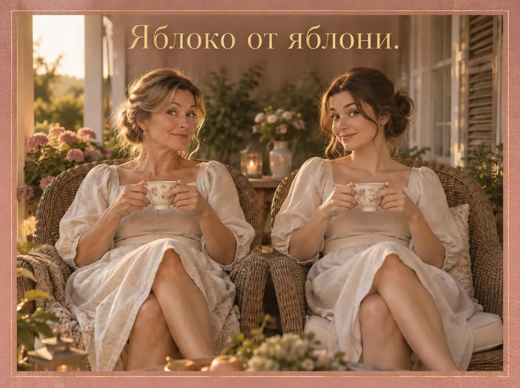 Открытка «Яблоко от яблони»: мама и взрослая дочка сидят в одинаковых позах с чашками