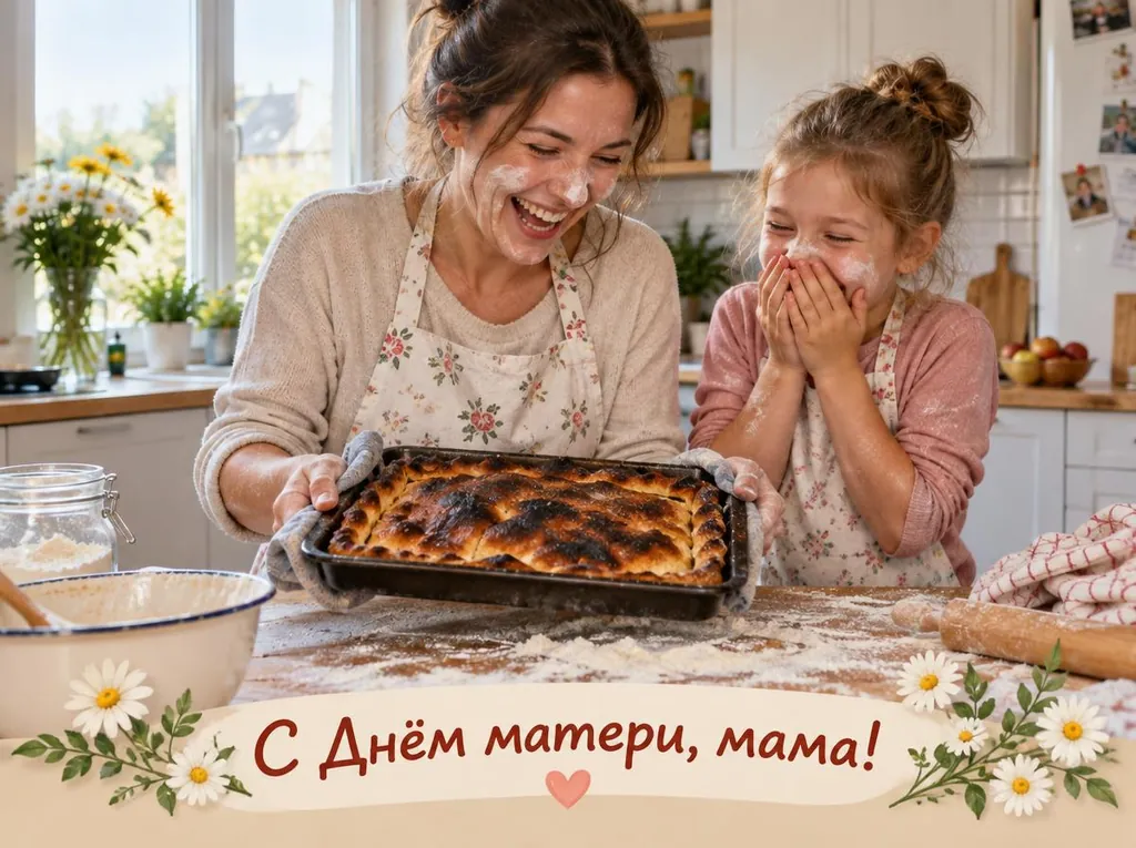 Открытка «С Днём матери, мама!»: мама и дочка на кухне в муке смеются над пирогом