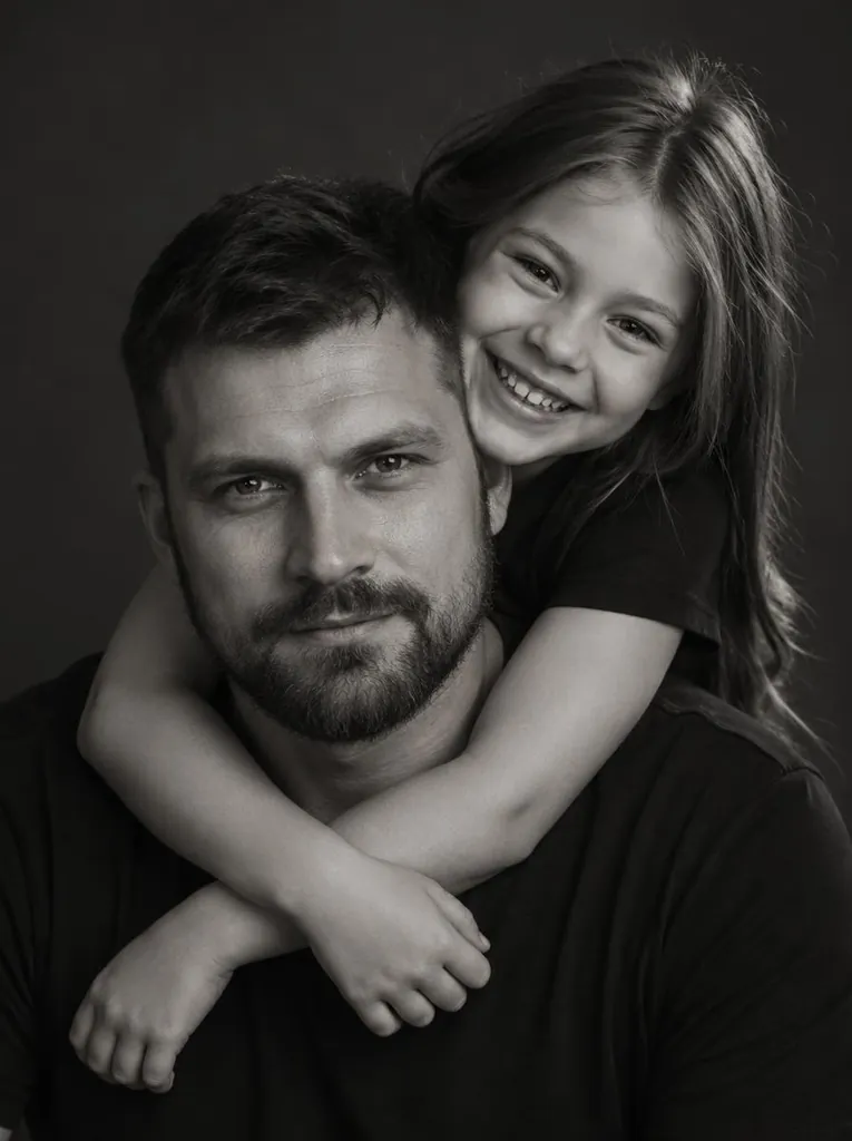 Папа и дочка: ч/б, она смеётся Родители и дети: Папа и дочка: ч/б, она смеётся