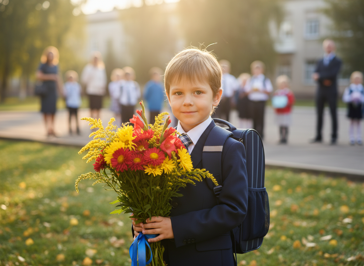 Первоклассник с букетом и ранцем у школы: фотосессия на 1 сентября нейросетью