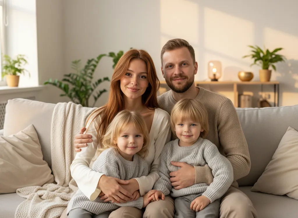 Семья на светлом диване