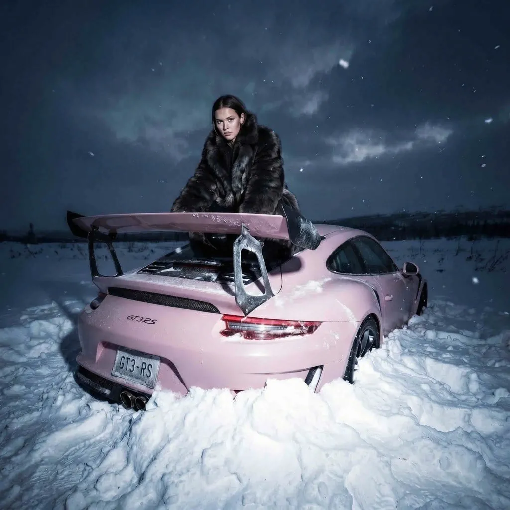 Сезонная фотосессия: Розовый Porsche в снегу