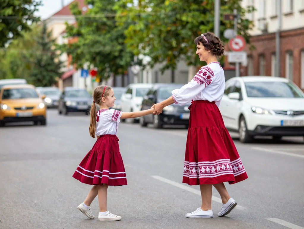 Мама-дочка — платья в горошек: пример кадра по промту