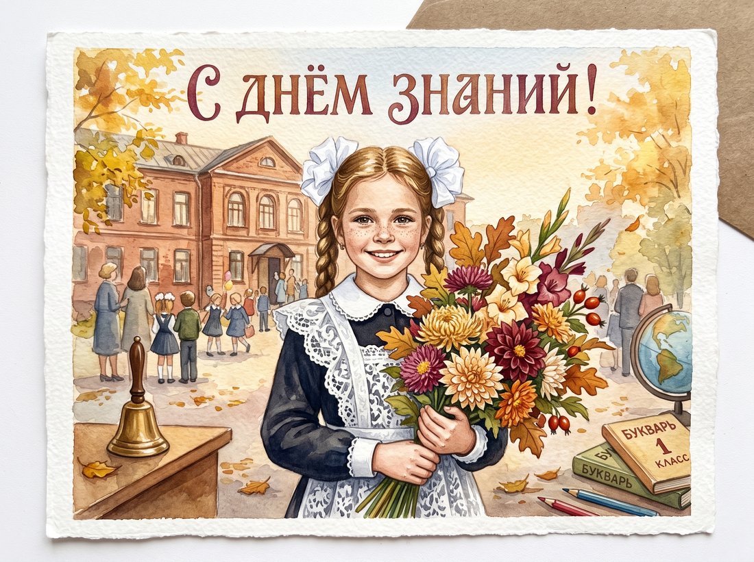 Акварельная открытка С Днём знаний с осенним букетом