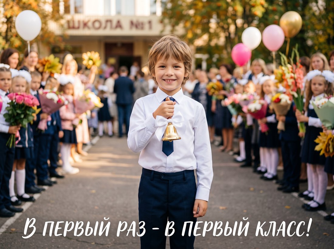 Открытка В первый раз в первый класс с колокольчиком
