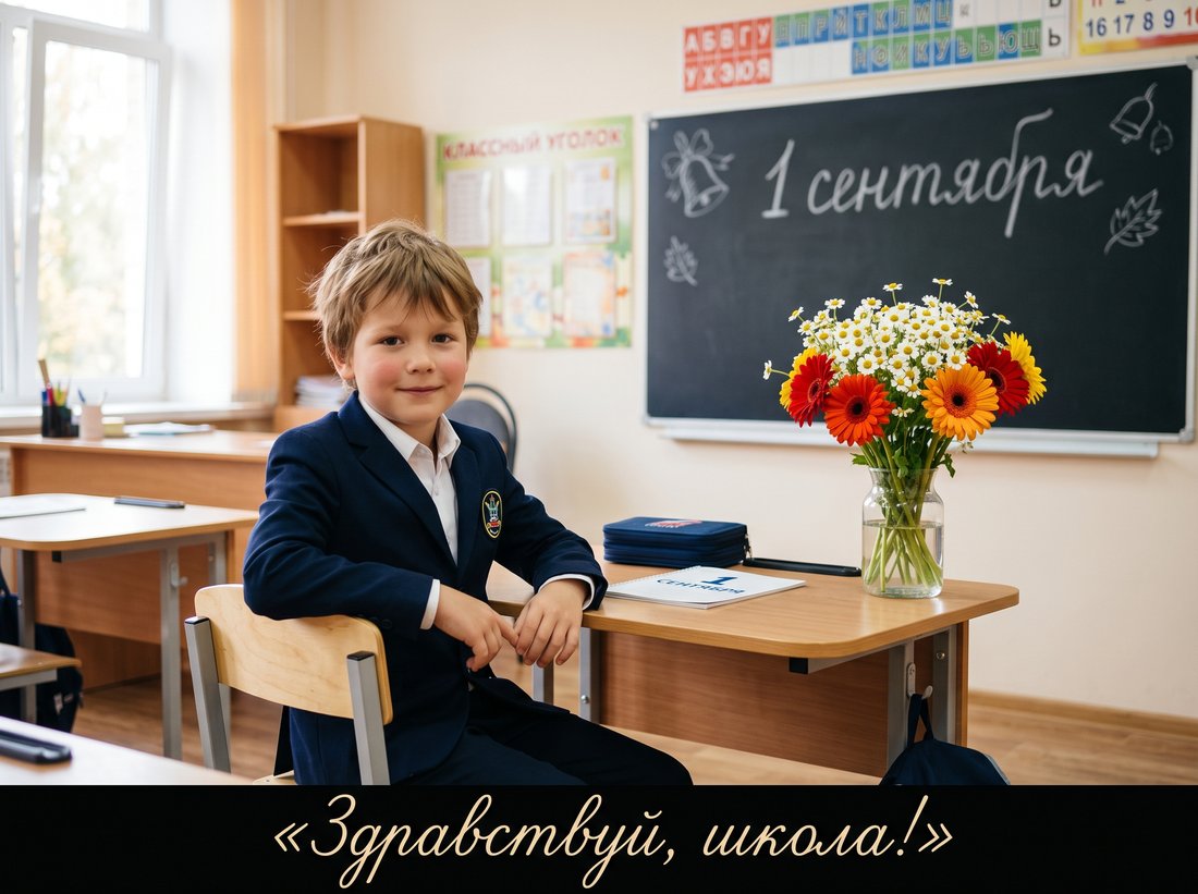 Открытка Здравствуй школа: ребёнок за партой