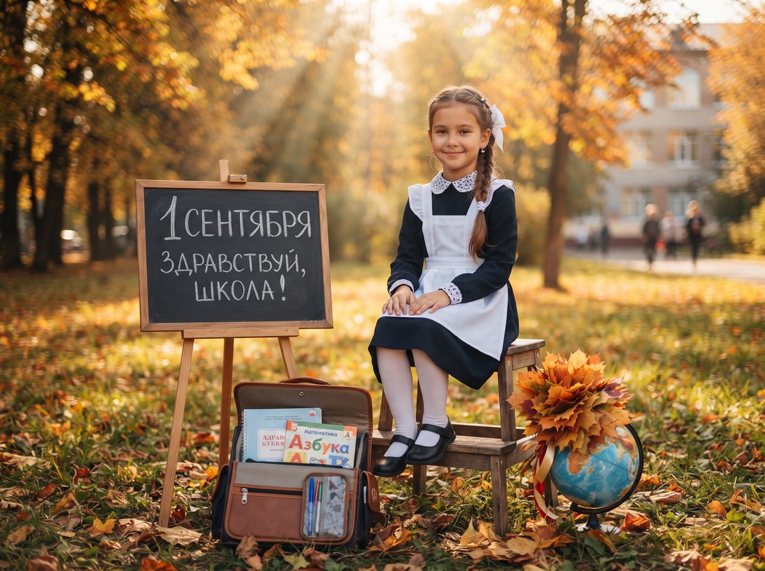 Открытка 1 сентября: грифельная доска в осеннем парке