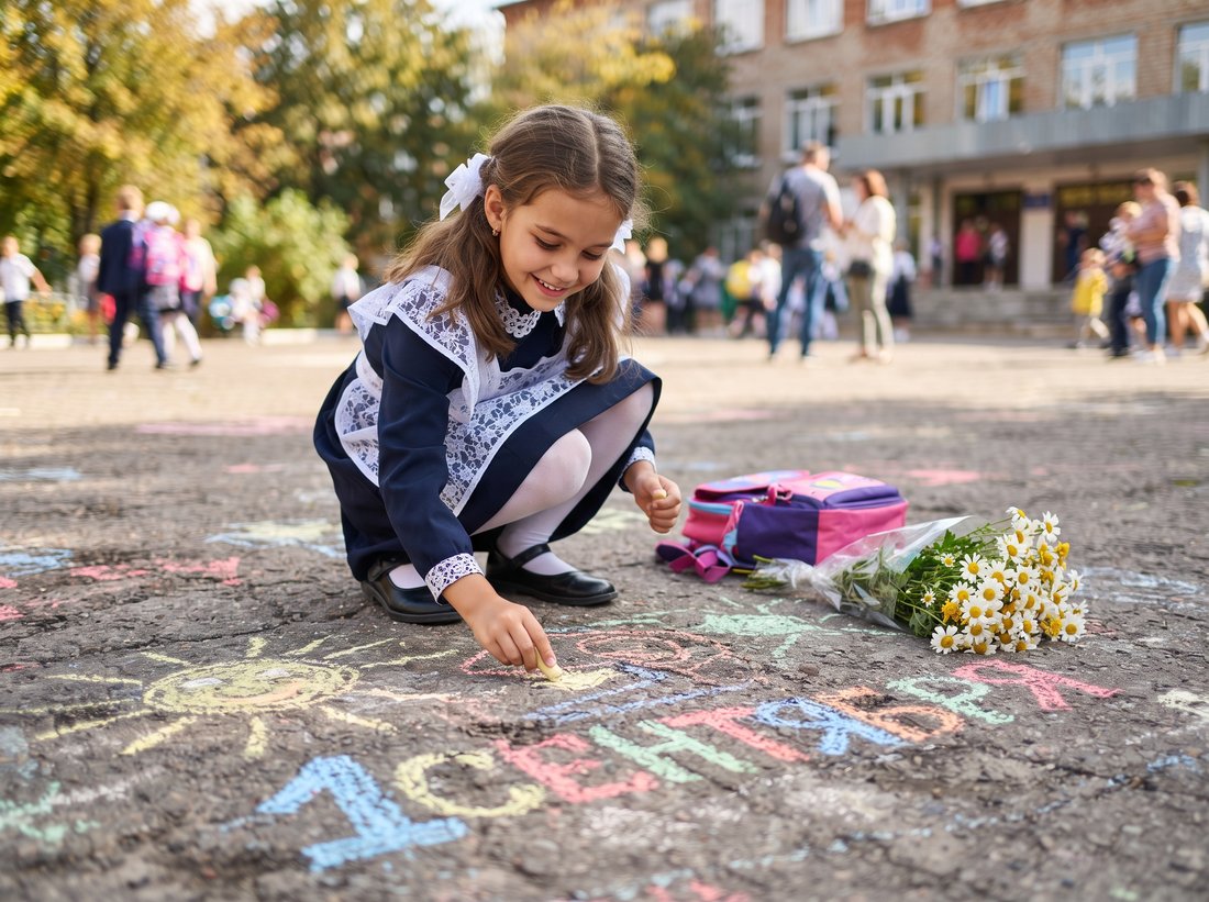 Открытка 1 сентября: надпись мелками на асфальте