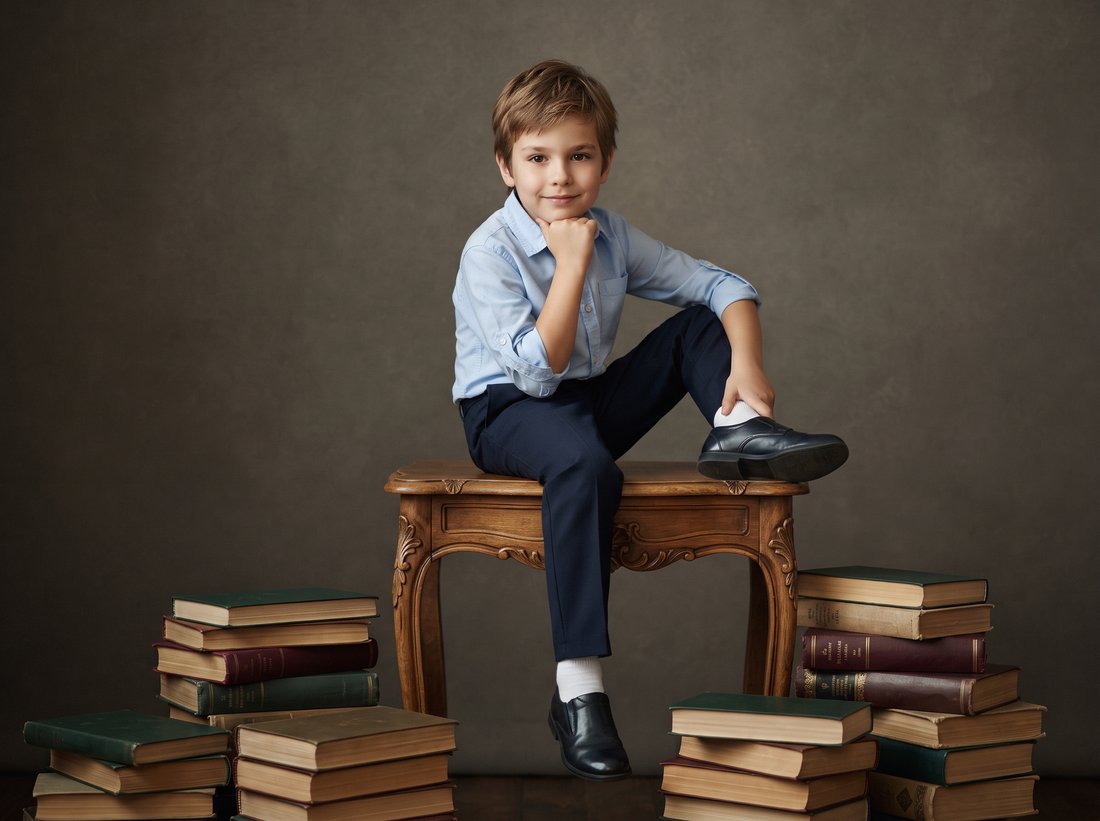 Ребёнок с книгами: editorial фотосессия к 1 сентября