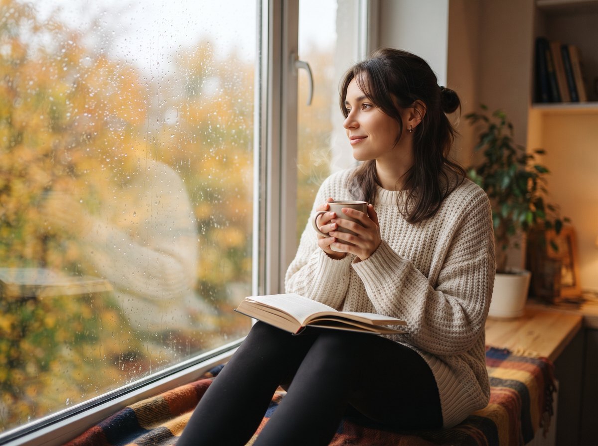 Осенний lifestyle: кофе и книга у окна с каплями дождя
